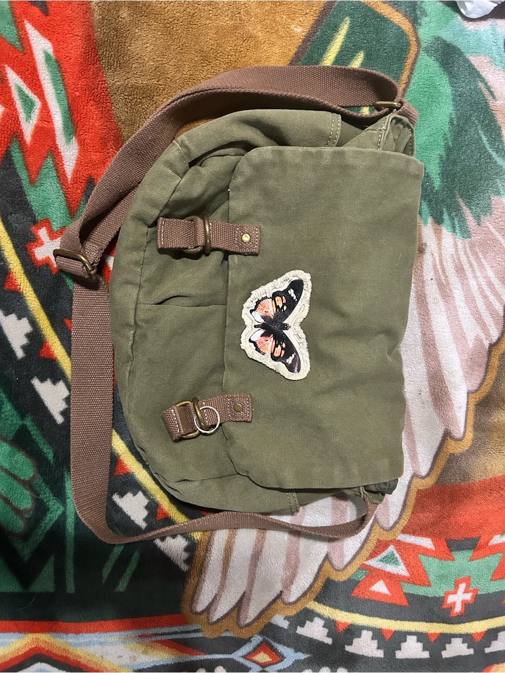 Olive Canvas Messenger Bag with Butterfly Patch - from hot topic